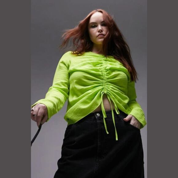 TopShop Long Sleeve Ruched Front Top Lime Green Size 8 NWOT $55 MSRP - Picture 1 of 7